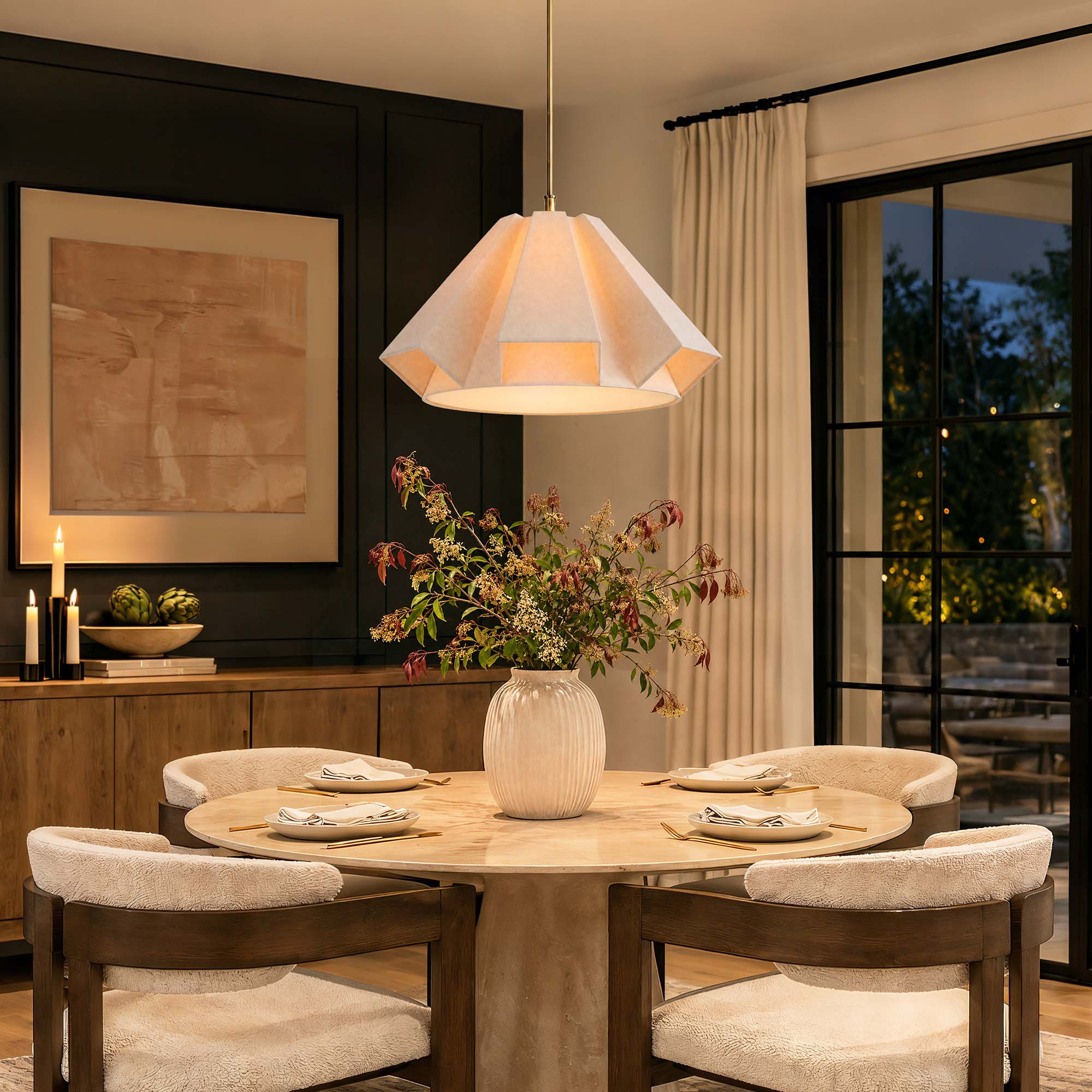 geometric linen pendant light on dining evening