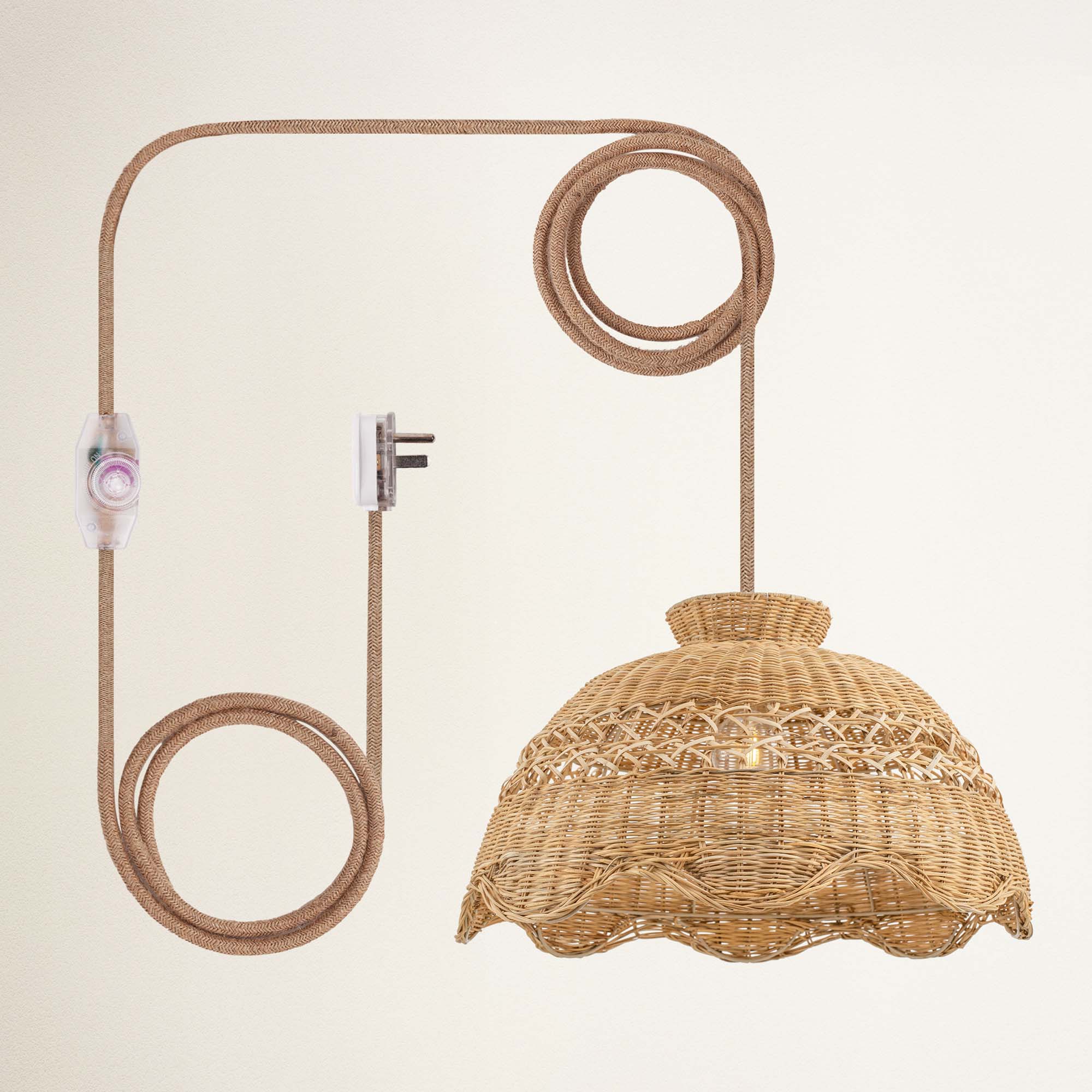 le perle plug in natural wicker pendant light with coiled cable
