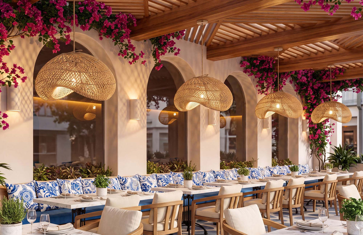 lyla restaurant interior with warm wood ceiling beams and large woven pendant lights