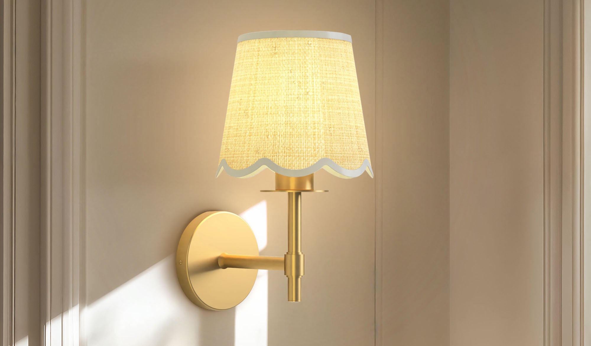 mobile spring solenne rattan sconce focus with gold fixture and white lampshade