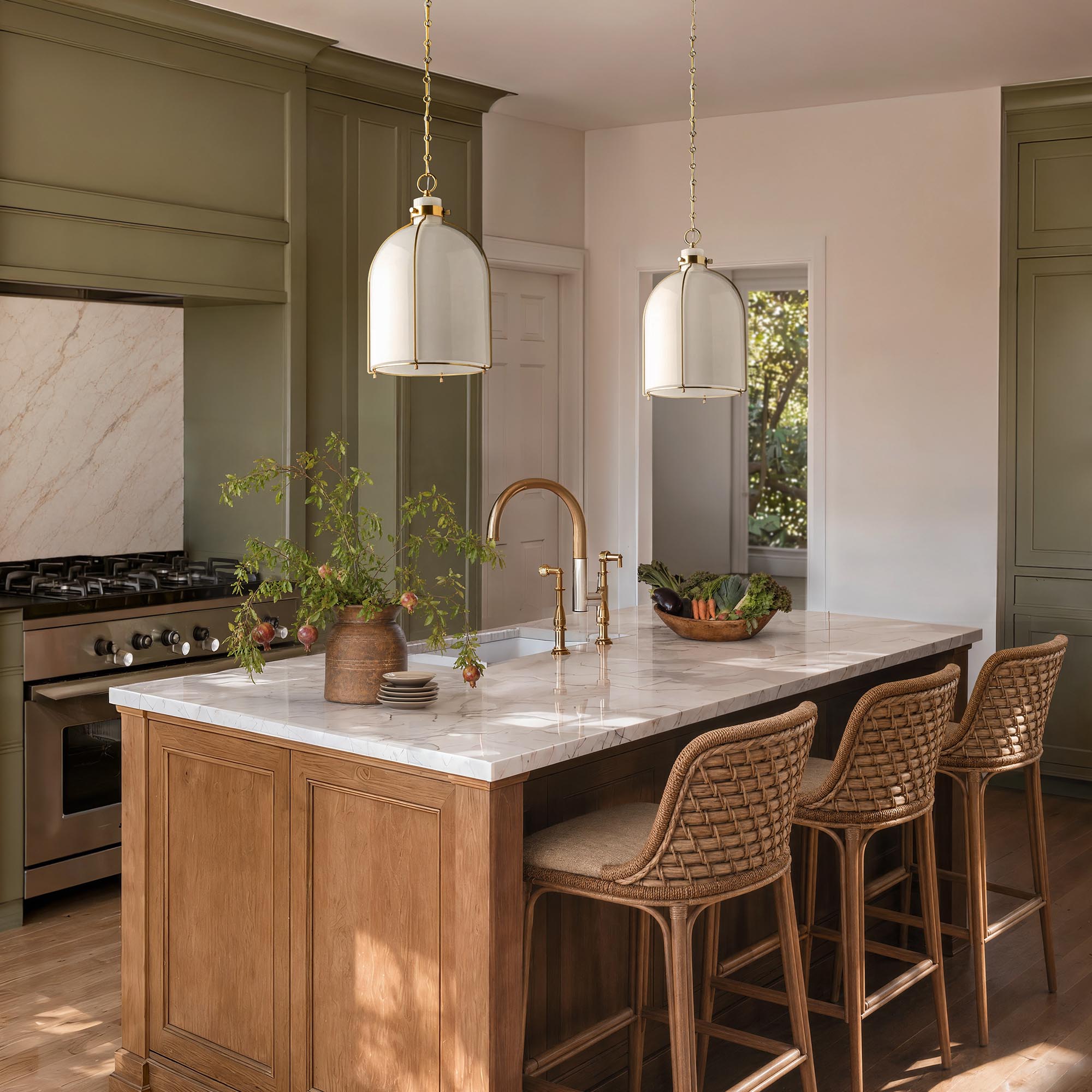 nestia white pendant light off green kitchen
