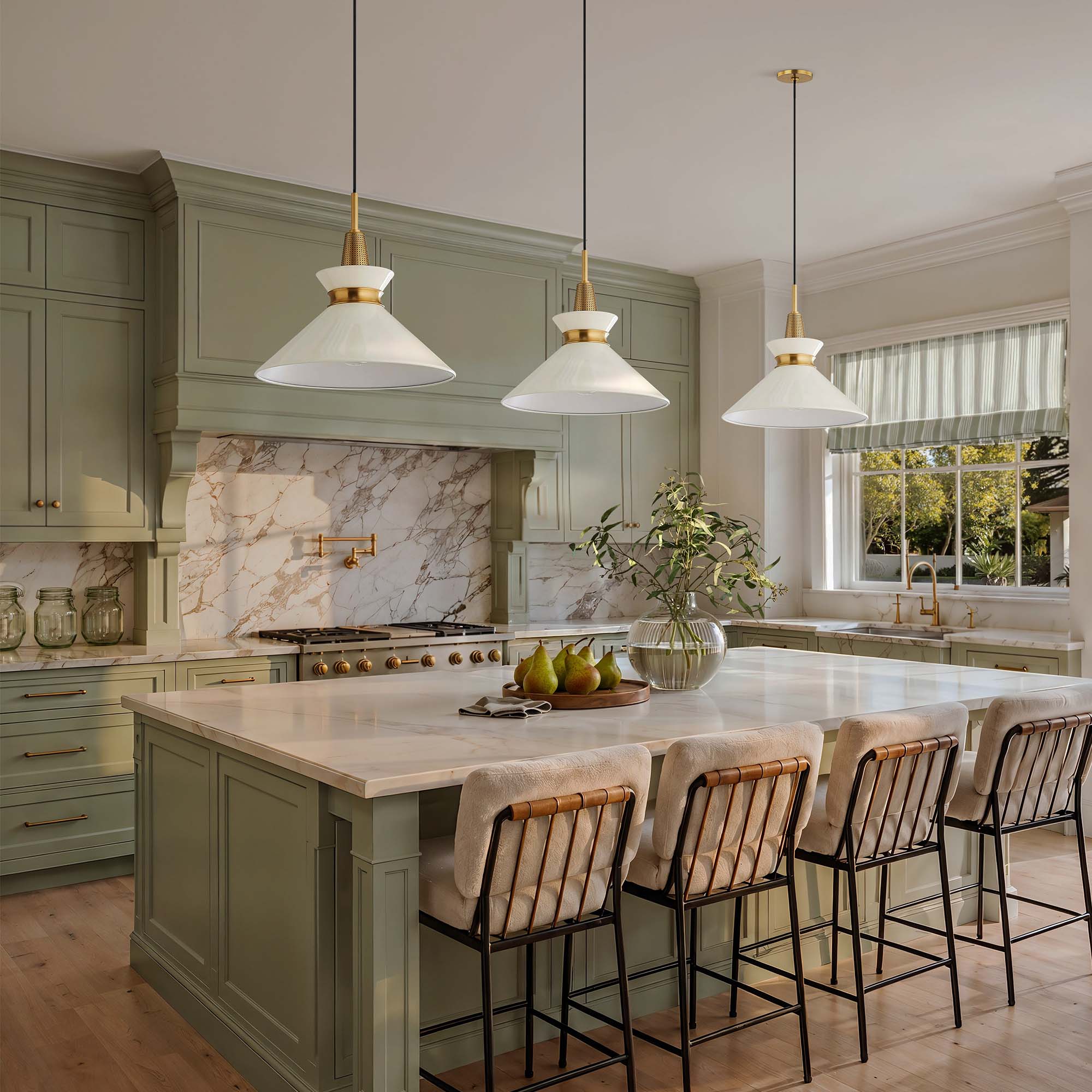 orbit bowl pendant light off green kitchen