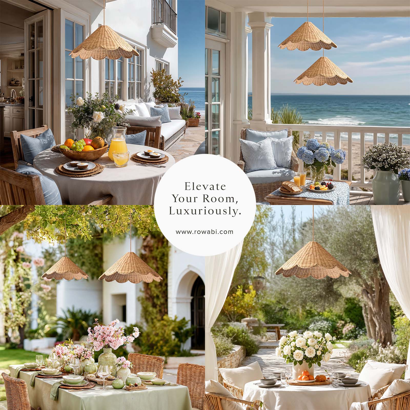 outdoor daisy rattan pendant light for outdoor dining scenes on a balcony overlooking the ocean