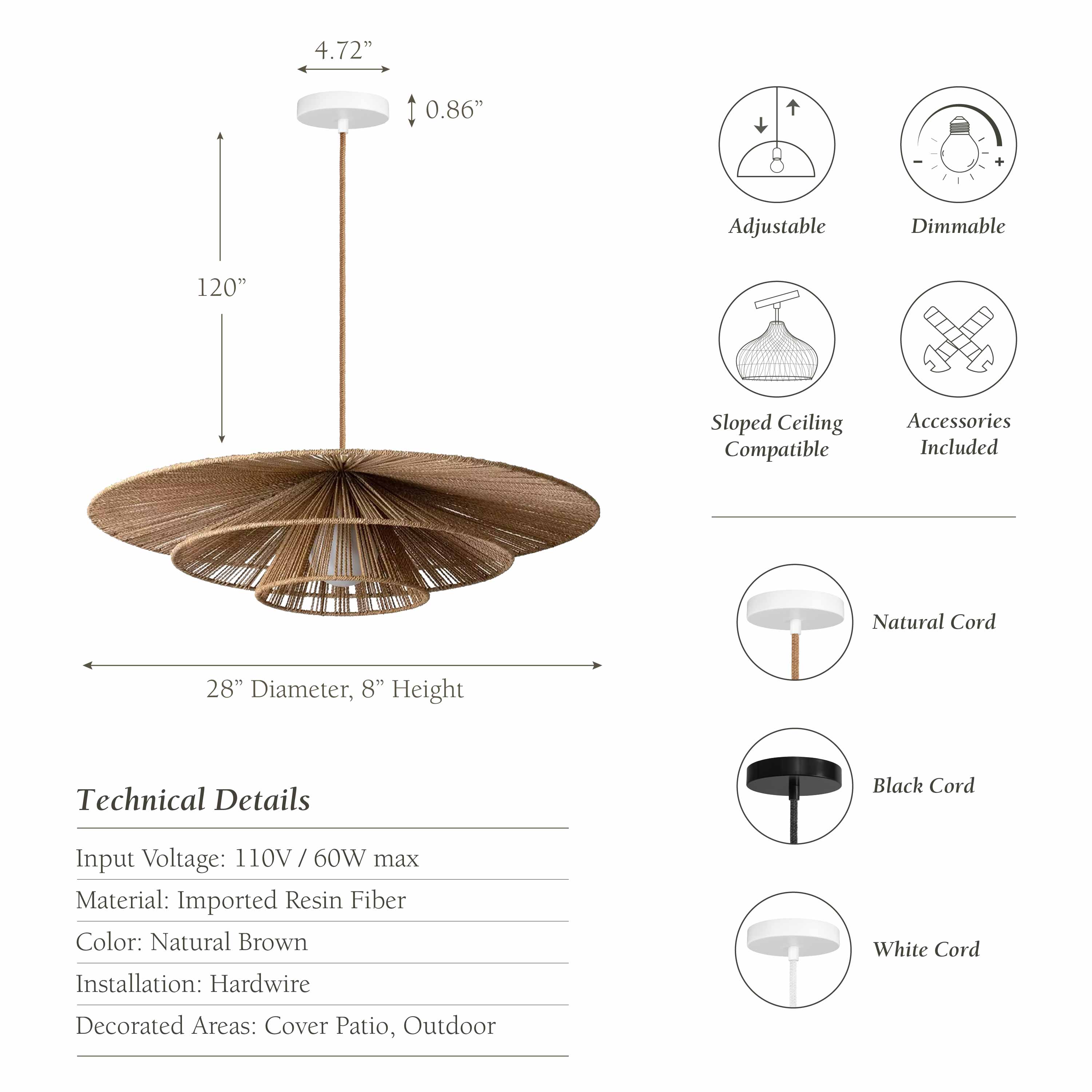 outdoor garden sammie rattan pendant light with dimensions, features, and technical details