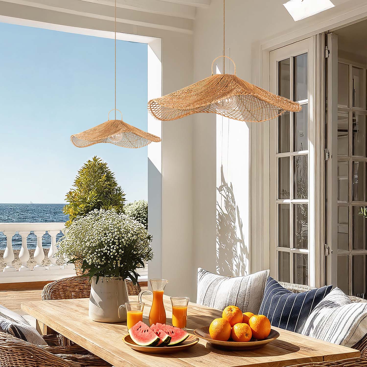 outdoor lotus rattan pendant light cover in a modern interior with wicker pendant lights and an ocean view