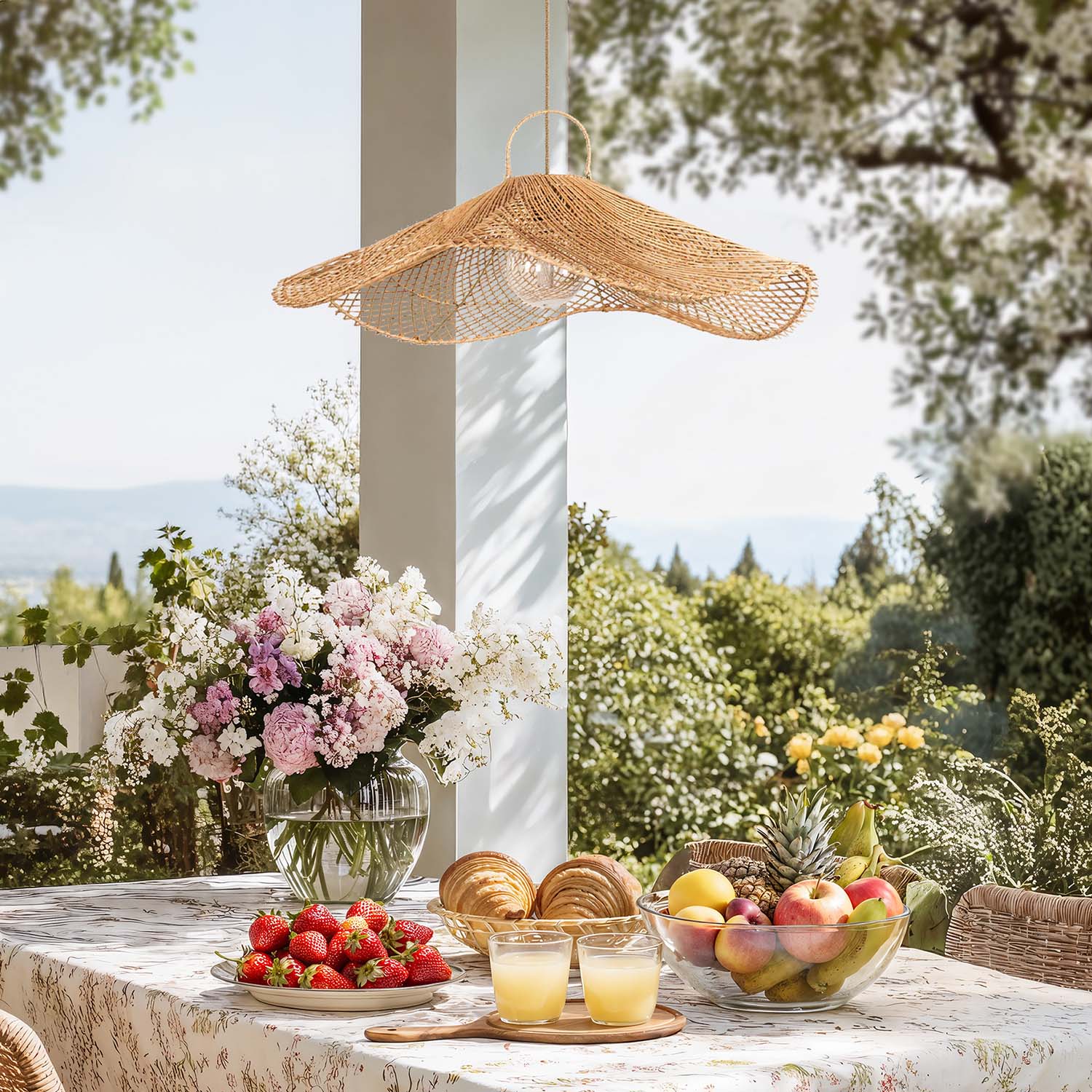 outdoor lotus rattan pendant light above a dining table