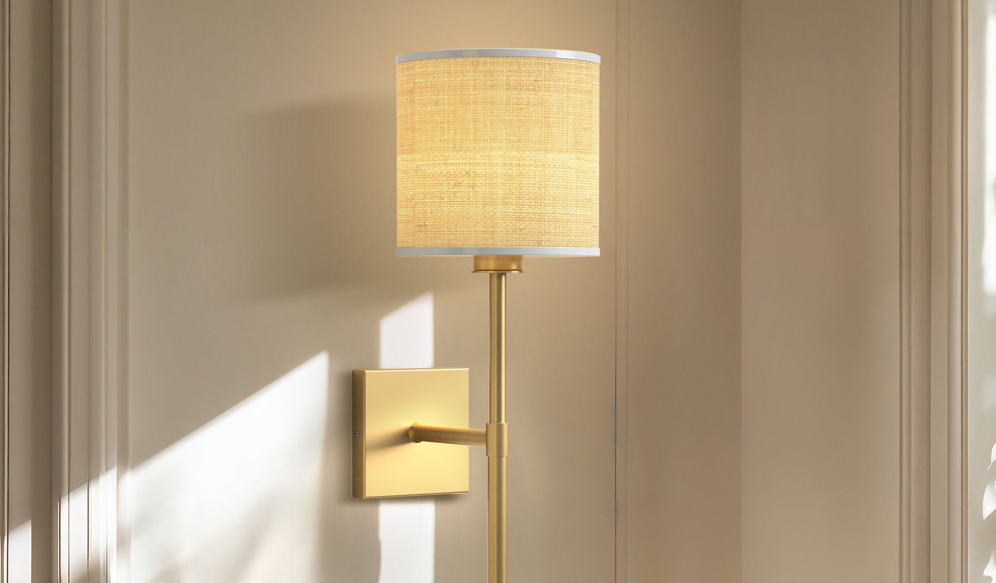 pc spring luma rattan sconce focus with gold finish and beige lampshade