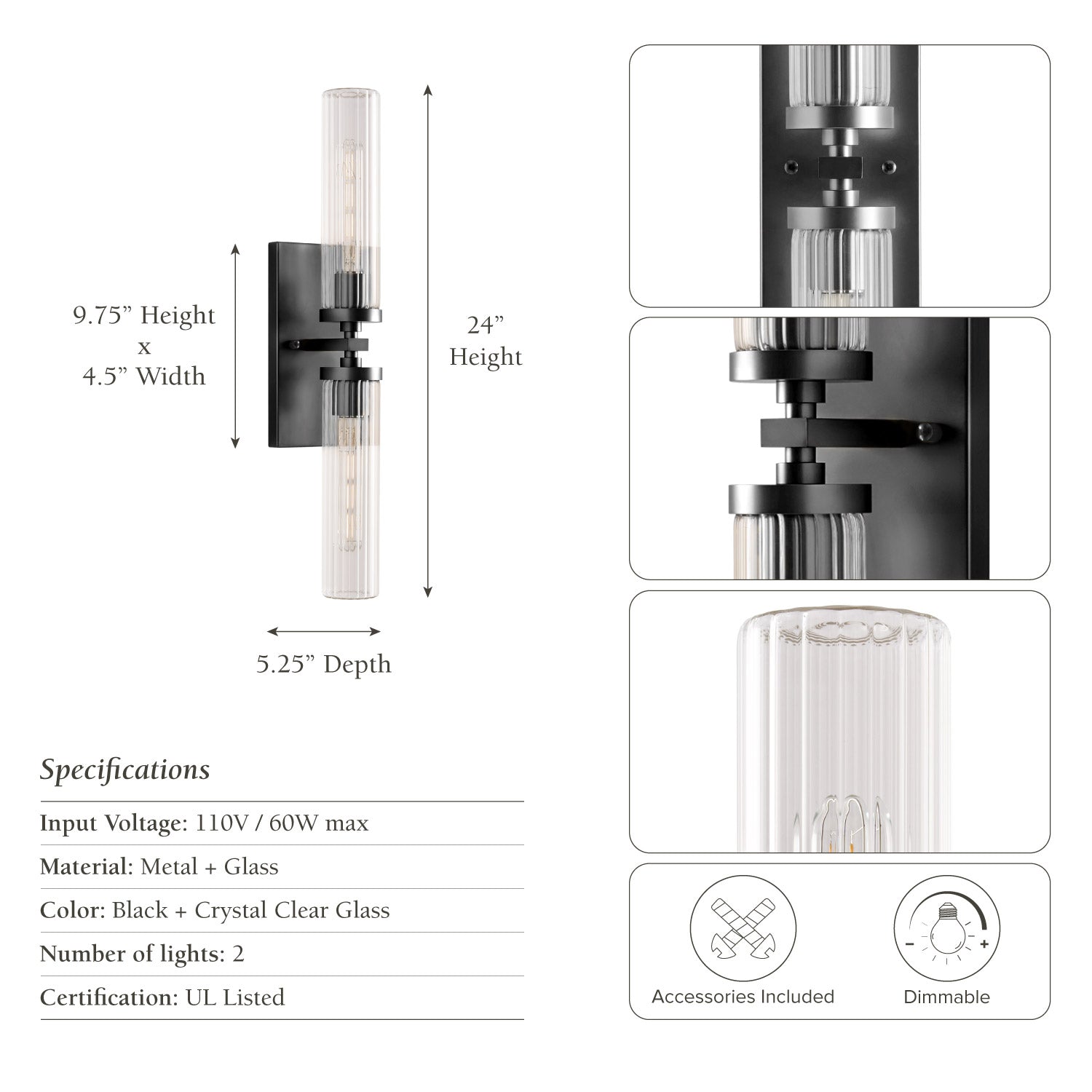 Rowabi 2-Light Black Wall Sconce