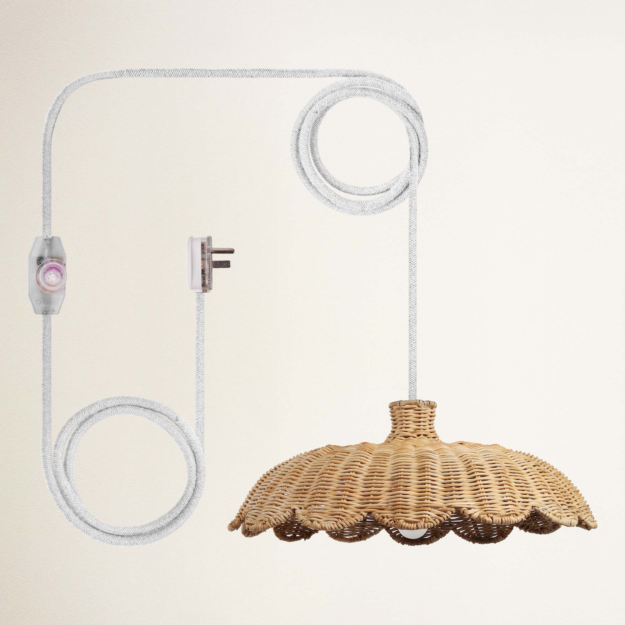 rowabi aurelia white plug-in wicker lampshade with white cord and plug