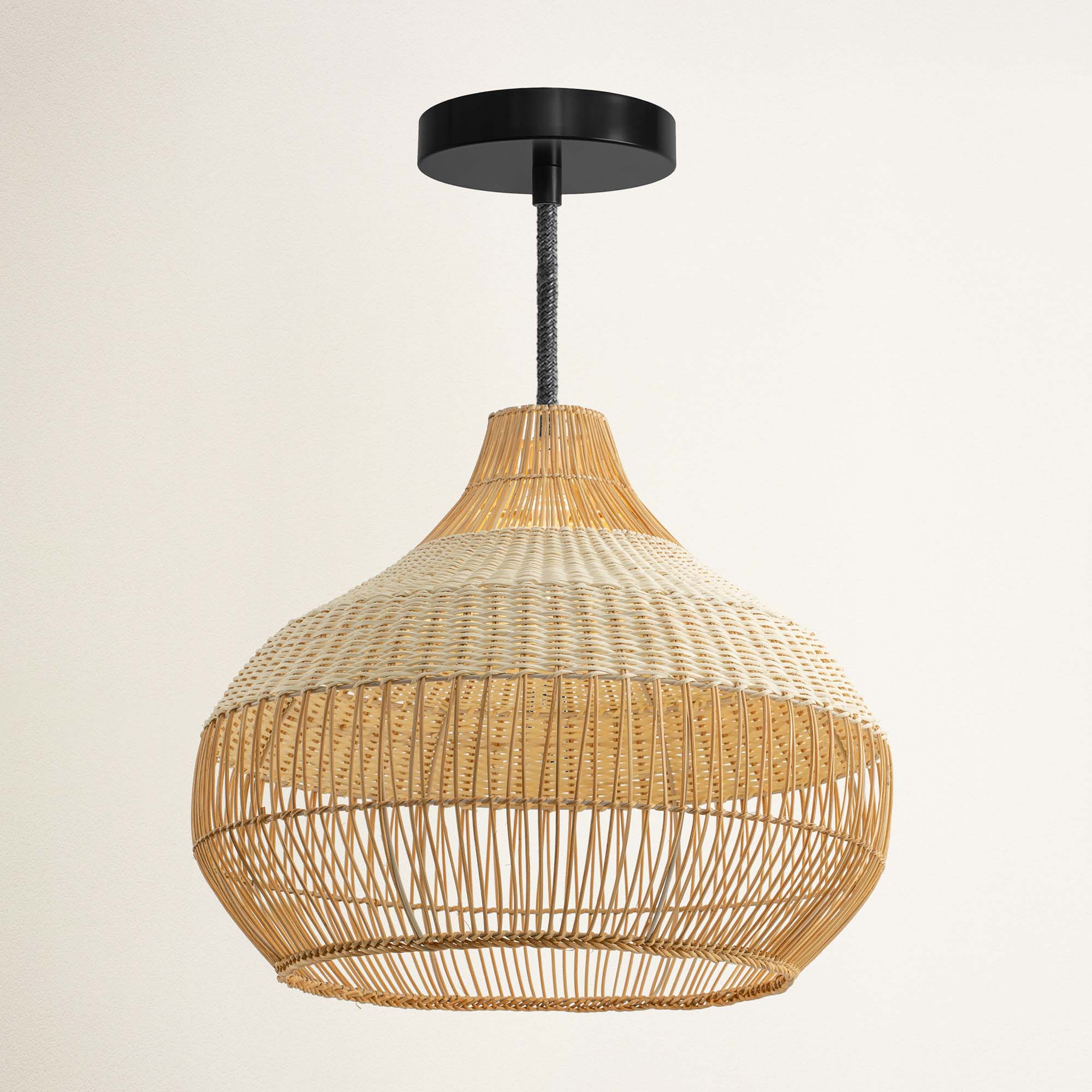rowabi beatrice hardwire black wicker pendant light with a black ceiling fixture