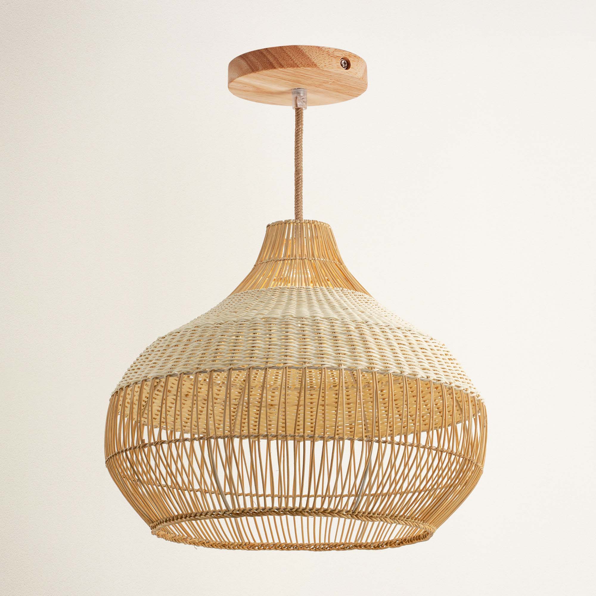 rowabi beatrice hardwire natural woven pendant light with a wooden top