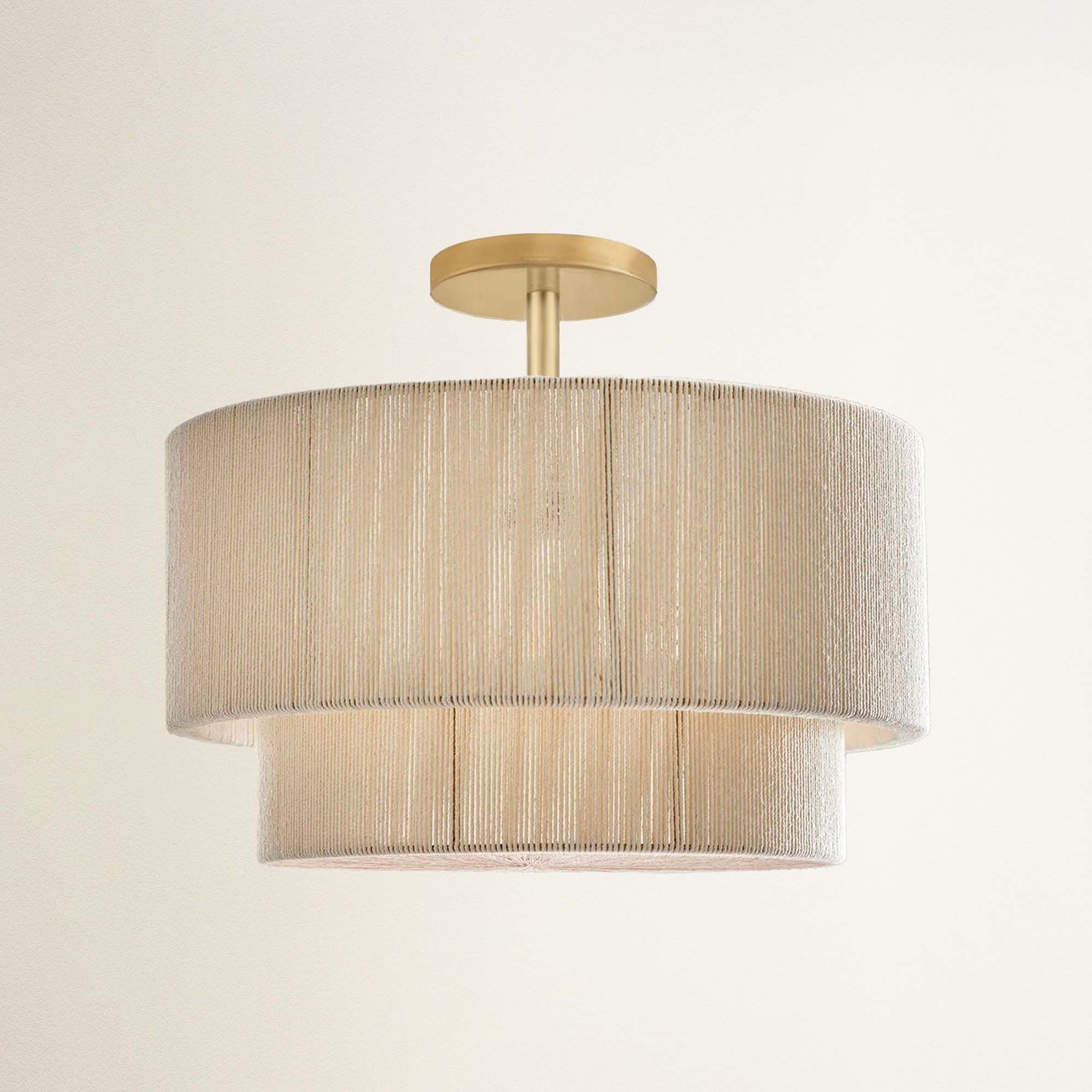 rowabi elaine flush mount brass gold ceiling light fixture with beige lampshade