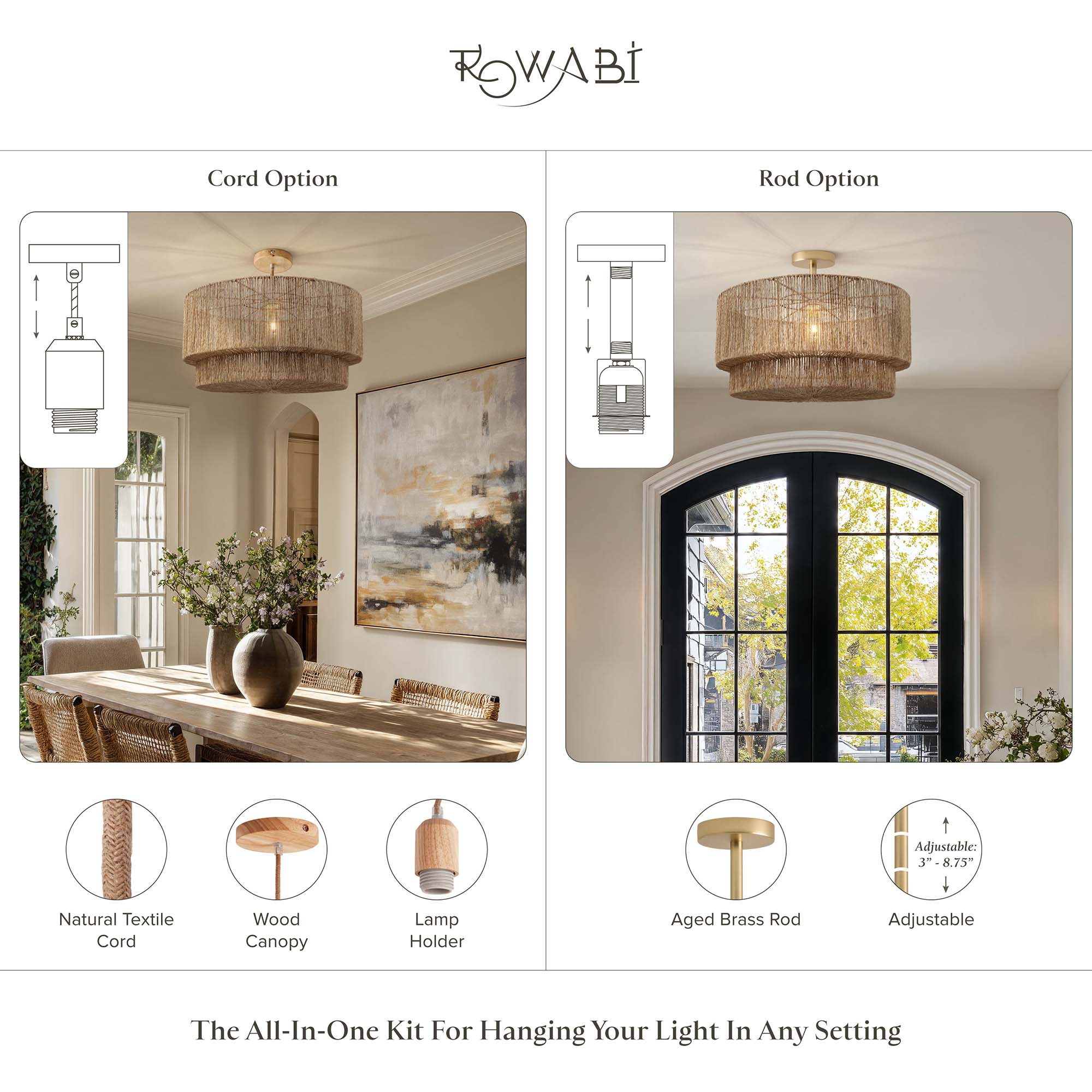 rowabi luminous pendant light rod and cord flush mount light fixture with dining room setting