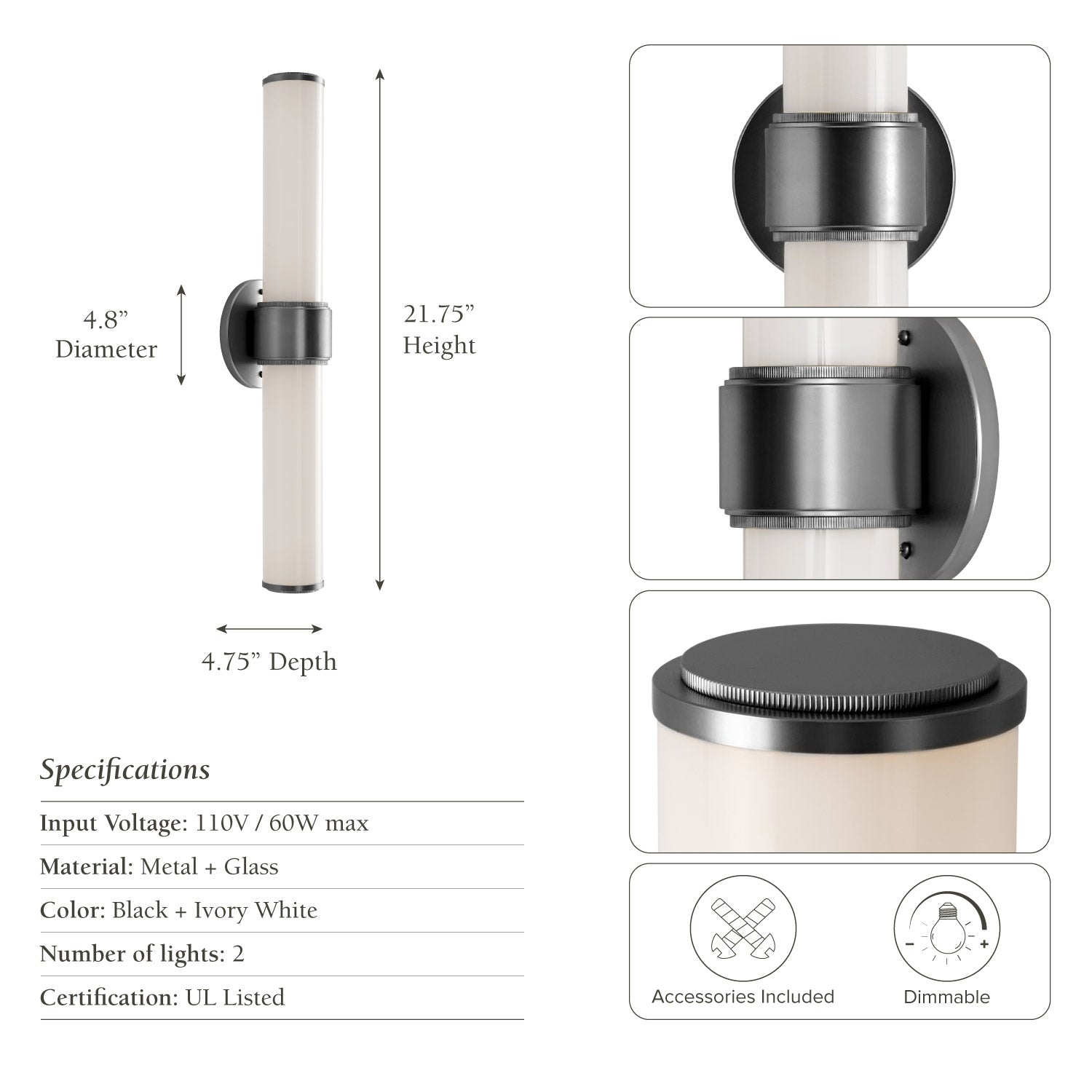 Saber Double Glass Black Sconce