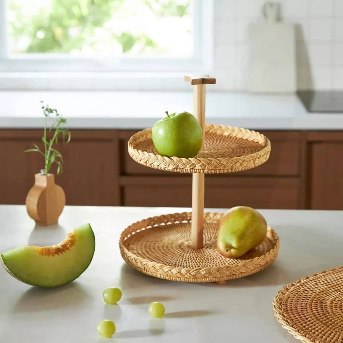 Jules 2-Tier Wood and Rattan Tray - Rowabi