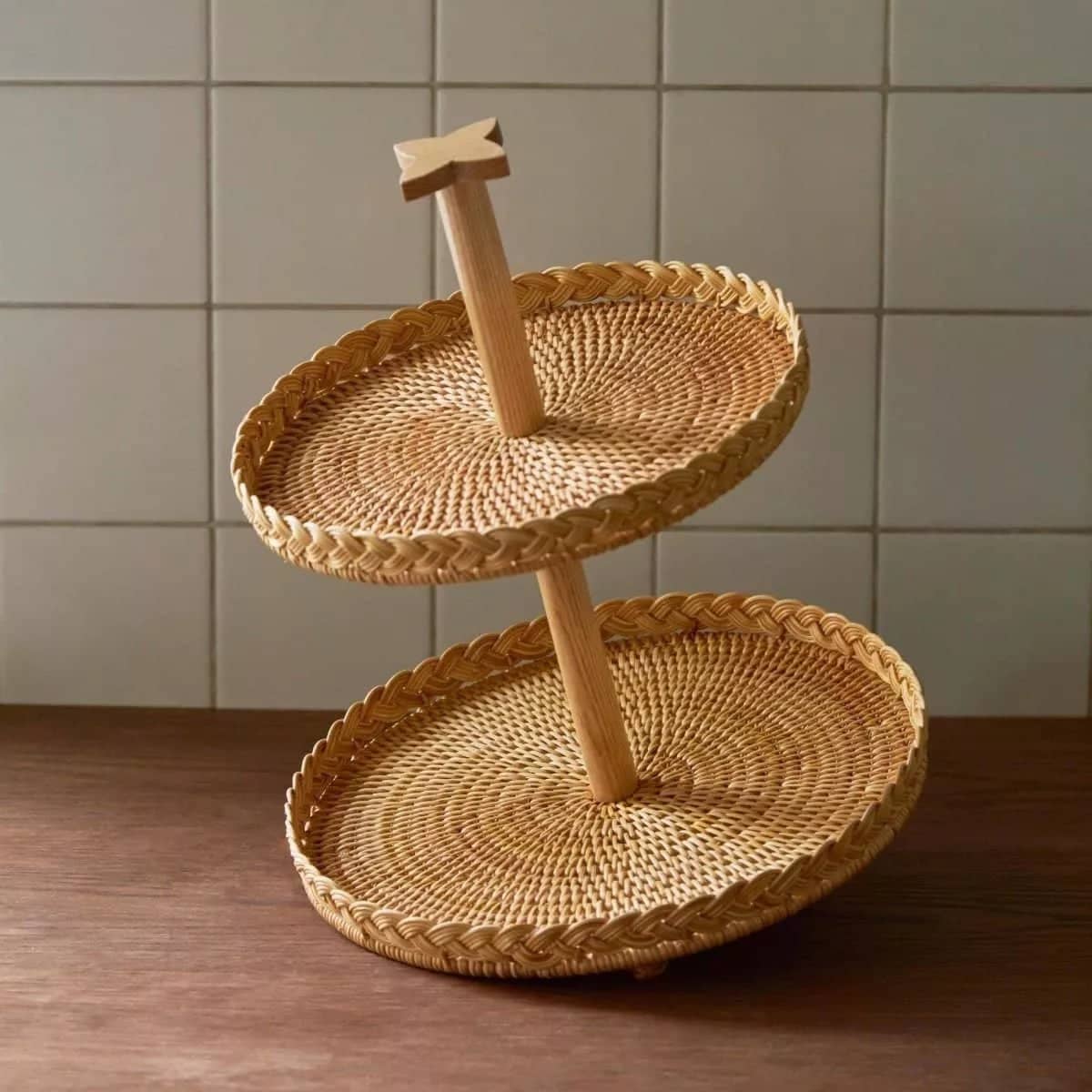 Jules 2-Tier Wood and Rattan Tray - Rowabi
