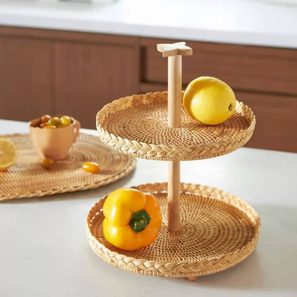 Jules 2-Tier Wood and Rattan Tray - Rowabi